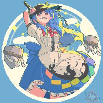 Rule 34 | 1girl, arm up, artist name, back bow, black hat, blue bow, blue dress, blue hair, blush stickers, bow, bowtie, commentary, dress, frilled dress, frills, hat, highres, hinanawi tenshi, keroyan, long hair, looking at viewer, peach hat ornament, red bow, red bowtie, red eyes, rope, shimenawa, smile, solo, touhou