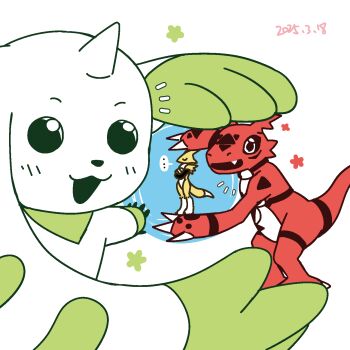 black_eyes claws digimon digimon_(creature) digital_hazard fang flower guilmon happy highres horns looking_at_another looking_at_viewer open_mouth pixiv_user_(11374173) renamon smile tail terriermon