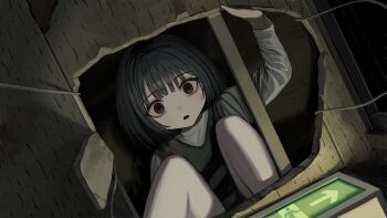 1girl black_hair black_sweater_vest blush ceiling emergency_exit exit_sign foot_out_of_frame from_below highres hole hole_in_ceiling indoors long_sleeves looking_at_viewer looking_down open_mouth original red_eyes sakiika0513 shirt short_hair shorts solo squatting surprised sweater_vest white_shirt wire