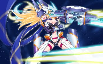 1girl absurdres ahoge armored_boots artoria_pendragon_(fate) bare_shoulders black_bra black_shorts blonde_hair blue_eyes blue_scarf blush boots bra breasts center_opening cleavage elbow_gloves fate/grand_order fate_(series) gauntlets gloves helmet highres lance large_breasts leotard long_hair mysterious_heroine_xx_(fate) mysterious_heroine_xx_(second_ascension)_(fate) navel open_mouth polearm ponytail scarf shorts sidelocks smile solo thigh_boots tsuzuki_yoshio twinmyniad_(fate) underwear weapon white_leotard