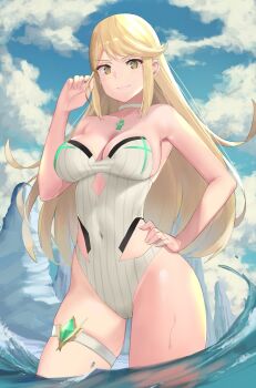 1girl bare_shoulders blonde_hair breasts chest_jewel choker cleavage covered_navel gem j@ck large_breasts long_hair mythra_(radiant_beach)_(xenoblade) mythra_(xenoblade) one-piece_swimsuit solo strapless strapless_one-piece_swimsuit swept_bangs swimsuit thigh_strap very_long_hair xenoblade_chronicles_(series) xenoblade_chronicles_2 yellow_eyes