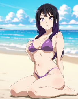 1girl beach bikini black_hair commentary hibike!_euphonium highres kneeling kousaka_reina long_hair looking_at_viewer navel ocean open_mouth outdoors purple_bikini purple_eyes sbel02 solo swimsuit symbol-only_commentary