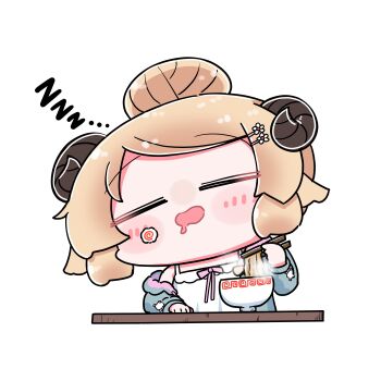 1girl =_= absurdres animal_ears blonde_hair blush_stickers bowl camisole chibi chibi_only chopsticks closed_eyes commentary_request drooling facing_viewer food frilled_camisole frills green_jacket hair_bun hair_ornament hairclip highres holding holding_chopsticks hololive horns jacket loungewear mouth_drool noodles official_alternate_costume official_alternate_hairstyle open_mouth ramen sheep_ears sheep_girl sheep_horns short_hair single_hair_bun sleepy swept_bangs tsunomaki_watame tsunomaki_watame_(loungewear) virtual_youtuber white_camisole yayoi_after zzz