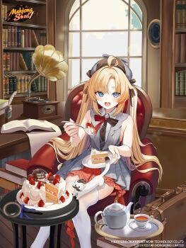 1girl absurdres ahoge birthday_cake blonde_hair bookshelf cake cat commentary cup english_commentary food happy_birthday hat hidis0086 highres holding holding_plate holding_spoon indoors jane_(mahjong_soul) long_hair looking_at_viewer mahjong_soul official_art open_mouth plate second-party_source sitting skirt sleeveless smile solo spoon teacup teapot teeth thighhighs white_thighhighs window