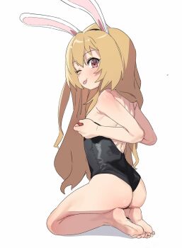 1girl absurdres aisaka_taiga animal_ears ass bad_id bad_twitter_id bare_back bare_shoulders barefoot blush closed_mouth dorontabi eyebrows eyelashes fake_animal_ears feet female_focus full_body highres kneeling legs_together light_brown_hair loli long_hair looking_at_viewer looking_back one_eye_closed pinup_(style) playboy_bunny rabbit_ears red_eyes simple_background soles solo teasing toes tongue tongue_out toradora! white_background