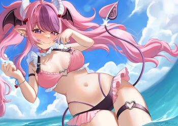 1girl artist_name bikini black_bikini breasts closed_mouth cloud demon_girl demon_horns demon_tail demon_wings earrings fang hair_ornament head_wings heart heart_hair_ornament heart_o-ring heterochromia highres horns indie_virtual_youtuber ironmouse jewelry long_hair mismatched_bikini navel o-ring o-ring_bikini o-ring_thigh_strap ocean pink_bikini pink_eyes pink_hair purple_eyes purple_hair red_nails skin_fang sky smile solo stomach swimsuit tail thigh_strap twintails velvet_noir virtual_youtuber wet white_horns wings