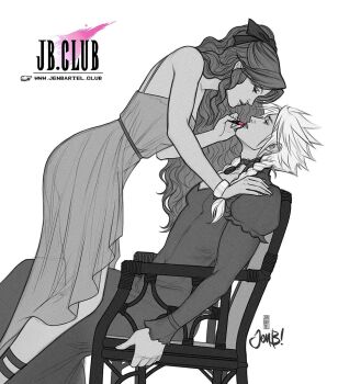 1boy 1girl aerith_gainsborough aerith_gainsborough_(ruddy_pink_dress) applying_another's_makeup applying_makeup artist_name assertive_female bare_shoulders bracelet braid breasts chair cloud_strife cloud_strife_(blue_dress) commentary cosmetics crossdressing crossdressing_(mtf) dress english_commentary feet_out_of_frame final_fantasy final_fantasy_vii final_fantasy_vii_remake hair_ribbon hetero highres holding holding_lipstick_tube jen_bartel jewelry lipstick_tube long_dress long_hair looking_at_another medium_breasts monochrome official_alternate_costume parted_bangs parted_lips ponytail puffy_sleeves ribbon sidelocks sitting sleeveless sleeveless_dress spiked_hair spot_color third-party_source twin_braids watermark web_address white_background