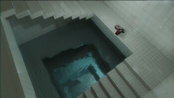 1girl backrooms_(creepypasta) beret black_hat blue_archive commentary dream_pool halo hat highres indoors kneeling koharu_(blue_archive) liminal_space looking_down medama_soft pink_hair pink_halo scenery school_uniform shark solo stairs tile_floor tile_wall tiles variant_set water wide_shot