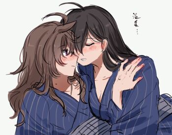2girls blue_kimono blush breasts brown_hair cleavage closed_eyes female_trainer_(umamusume) hand_on_another&#039;s_shoulder highres japanese_clothes kimono mole mole_under_eye multiple_girls nakayama_festa_(umamusume) parted_lips purple_eyes roroko_momo simple_background smile trainer_(umamusume) umamusume white_background yukata yuri