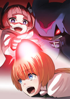 Rule 34 | 1boy, 1girl, absurdres, bat (animal), blonde hair, blue eyes, brown hair, character request, chiropmon, commentary request, digimon, digimon (creature), digimon beatbreak, glowing, glowing eye, hasegawa (hase popopo), highres, purple eyes, red eyes, sapotama, sharp teeth, short hair, teeth