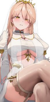 1girl absurdres amatou_(ko_me_9) blonde_hair blurry breast_curtains breasts brown_thighhighs chain commentary crossed_legs depth_of_field diamond_earrings earrings eyes_visible_through_hair garter_straps gold gold_earrings gold_tiara hair_between_eyes hair_over_one_eye highres jewelry juliet_sleeves lace lace-trimmed_thighhighs lace_trim large_breasts leotard long_hair long_sleeves looking_at_viewer nijisanji nui_sociere nui_sociere_(6th_costume) official_alternate_costume parted_lips priestess puffy_sleeves see-through_clothes simple_background sitting slit_pupils solo thighhighs thighs underboob veil virtual_youtuber white_background white_garter_straps white_leotard white_veil yellow_eyes yellow_trim
