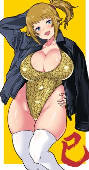1girl absurdres aiuti arm_behind_head armpits black_jacket blue_eyes border breasts brown_hair casual_one-piece_swimsuit chinese_zodiac cleavage commentary_request curvy feet_out_of_frame gold_one-piece_swimsuit gundam gundam_build_fighters gundam_build_fighters_try half-closed_eyes hand_on_own_hip highleg highleg_one-piece_swimsuit highres hoshino_fumina jacket large_breasts looking_at_viewer model_pose one-piece_swimsuit open_clothes open_jacket outside_border ponytail seductive_gaze seductive_smile smile snake_print solo swimsuit thighhighs two-tone_background white_border white_thighhighs year_of_the_snake yellow_background