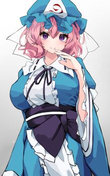 Rule 34 | 1girl, absurdres, blue hat, blue kimono, blush, breasts, commentary request, frilled kimono, frills, hat, highres, hira-san, japanese clothes, kimono, large breasts, looking at viewer, mob cap, pink eyes, pink hair, purple eyes, purple sash, saigyouji yuyuko, sash, simple background, solo, touhou, triangular headpiece, white background, wide sleeves