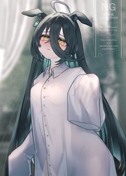 1girl ahoge animal_ears breasts collared_shirt ear_ornament earrings ears_down ghost_hair_ornament hand_up highres horse_ears horse_girl horse_tail jewelry long_sleeves manhattan_cafe_(umamusume) oversized_clothes oversized_shirt semicolon_chan shirt single_earring sleeves_past_fingers sleeves_past_wrists small_breasts solo tail umamusume watermark white_hair white_shirt yellow_eyes