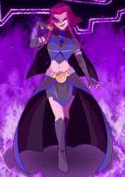 Rule 34 | 1girl, absurdres, black footwear, black gloves, black robe, black sclera, black skirt, boots, card, colored sclera, commission, crop top, dark persona, dark signer uniform, facial mark, fangs, fingerless gloves, frankgallaxx, full body, gloves, glowing tattoo, highres, holding, holding card, izayoi aki, midriff, navel, open mouth, pixiv commission, red eyes, red hair, robe, short hair, skirt, smirk, solo, yu-gi-oh!, yu-gi-oh! 5d&#039;s