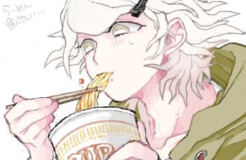 Rule 34 | 1boy, blush, chopsticks, collarbone, danganronpa (series), danganronpa 2: goodbye despair, eating, food, from side, green jacket, hair ornament, hairclip, holding, holding chopsticks, hood, hood down, hooded jacket, instant cup noodles, jacket, komaeda nagito, male focus, messy hair, negitoroberry, noodles, oekaki, pale skin, parted bangs, portrait, short hair, small sweatdrop, solo, translation request, wavy hair, white hair, yellow eyes