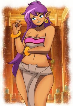 1girl architecture bare_shoulders blue_eyes bracelet breasts brown_lips chel_(el_dorado)_(cosplay) chel_(el_dorado) cleavage collarbone commentary cosplay crop_top cropped_legs dark-skinned_female dark_elf dark_skin datwondoude earrings elf feet_out_of_frame fingernails highres jewelry loincloth long_hair mayan_clothes medium_breasts mesoamerican_architecture midriff navel pelvic_curtain pink_tube_top pointy_ears purple_hair shantae shantae_(series) shiny_skin smile solo standing stomach strapless tan teeth the_road_to_el_dorado thick_thighs thighs tube_top white_loincloth