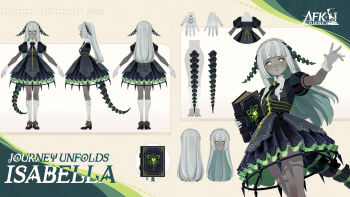 1girl afk_(series) afk_journey artist_name black_bow black_bowtie black_dress black_horns black_shoes black_tail blunt_bangs blush book bow bowtie braid bright_pupils brooch closed_mouth colored_skin commentary copyright_name crinoline crown_braid dress english_commentary expressionless facing_away gloves green_dress green_eyes grey_hair grey_skin grimoire hand_up highres hime_cut holding holding_book horns isabella_(afk) jewelry kneehighs layered_dress long_hair mary_janes multiple_views official_art outstretched_arm pleated_dress profile puffy_short_sleeves puffy_sleeves reference_sheet shoes short_sleeves sidelocks single_braid skeletal_tail socks straight_hair tail white_gloves white_pupils white_socks yellow_background
