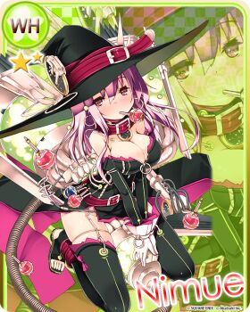 Rule 34 | 1girl, alternate breast size (larger), bare shoulders, belt, belt collar, black dress, black thighhighs, blush, breasts, card (medium), character name, cleavage, collar, covered navel, detached sleeves, dress, drunk, earrings, full body, gloves, hat, hat belt, huge breasts, jewelry, kai-ri-sei million arthur, kaku-san-sei million arthur, kneeing, large hat, long hair, looking at viewer, million arthur (series), nimue (kaku-san-sei million arthur), official art, pink hair, potion, red belt, red collar, red eyes, refeia, solo, strapless, strapless dress, thighhighs, third-party source, toeless legwear, vacuum cleaner, variant set, witch, witch hat