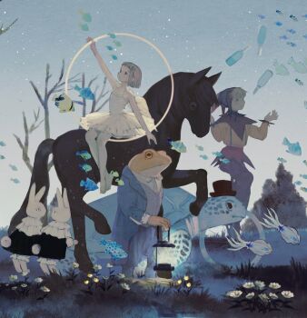 1boy 1girl animal ballerina bare_arms bare_shoulders bare_tree black_dress black_hat black_pants blonde_hair bloomers blue_coat blue_sky blunt_bangs blunt_ends brown_eyes brown_hair buttons capelet closed_mouth clothed_animal coat collar collarbone collared_coat collared_dress collared_shirt commentary_request daisy_(flower) dress expressionless feet fish flower flying_fish frilled_collar frilled_dress frilled_sleeves frills frog full_body glass_bottle grass grey_vest hat highres holding holding_hoop holding_lantern hoop horizontal_pupils horseback_riding hula_hoop jester jester_cap juggling knees lantern lapels layered_sleeves long_sleeves looking_up night notched_lapels open_clothes open_coat original outdoors oversized_animal pants pantyhose purple_capelet purple_hat purple_pants rabbit riding shirt short_dress short_hair sitting sky sleeveless sleeveless_dress spaghetti_strap squid star_(sky) starry_sky suspenders toes tono_(rt0no) too_many too_many_fish top_hat tree turtle tutu underwear unicycle vest white_bloomers white_collar white_dress white_flower white_pantyhose white_shirt