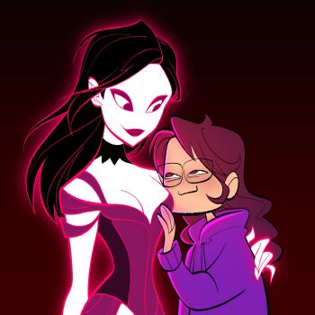 2girls artist_self-insert black_hair breasts brown_hair cleavage colored_skin commentary english_commentary glasses height_difference highres hood hoodie hug just_dance lips long_hair mayuko_watson medium_breasts multiple_girls purple_hoodie red_background smile upper_body white_skin yuri