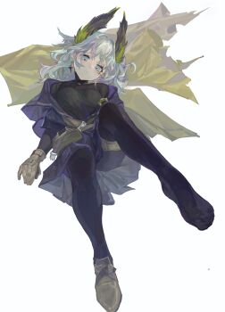 1girl absurdres arknights black_pantyhose breasts brown_gloves brown_shoes earrings full_body gloves grey_eyes grey_hair highres irene_(arknights) irene_(the_adjudicatrix_and_her_resolve)_(arknights) jacket jewelry jian_jia medium_breasts no_shoes off_shoulder open_clothes open_jacket pantyhose shoes simple_background single_shoe solo sweater turtleneck turtleneck_sweater white_background