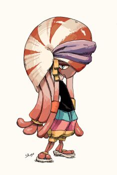 Rule 34 | 1boy, amputee, armless amputee, artist name, black shirt, blue eyes, closed mouth, dark-skinned male, dark skin, drawstring, gnarly eddy (splatoon), gradient hair, hair tie, hair tubes, half-closed eyes, headband, highres, long hair, looking at viewer, male focus, monster boy, multicolored hair, multicolored shorts, nautilus (animal), nintendo, no arms, purple headband, red hair, sandals, shell, shirt, shogo (shogo70449442), shorts, signature, simple background, solo, splatoon (series), splatoon 3, tentacle hair, tentacles, very long hair, white background, white sandals