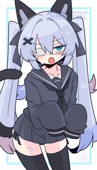 1boy :o animal_ear_fluff animal_ears black_bow black_neckerchief black_sailor_collar black_serafuku black_shirt black_skirt black_thighhighs blue_eyes blush bow bulge cat_boy cat_ears cat_tail collarbone commentary cowboy_shot crossdressing crossdressing_(mtf) eyepatch fang flipped_hair grey_tail hair_between_eyes hair_bow hair_intakes hair_ornament highres leaning_forward long_hair long_sleeves looking_at_viewer male_focus medical_eyepatch miniskirt narrowed_eyes neckerchief no_nose one_eye_covered op_na_yarou open_mouth original panties panty_peek pleated_skirt rigel_(op_na_yarou) sailor_collar school_uniform serafuku shirt side-tie_panties sidelocks simple_background skirt sleeves_past_fingers sleeves_past_wrists solo standing straight_hair sweat tail thighhighs trap twintails underwear v-shaped_eyebrows very_long_hair watermark white_background white_hair x_hair_ornament zettai_ryouiki