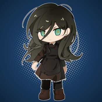 1girl apron black_apron black_hair blue_background boots brown_boots brown_dress chibi chibi_only commentary dress ear_piercing english_commentary frown green_eyes hair_between_eyes highres ira_grachevskaya long_hair looking_at_viewer outline piercing pseudoc01or solo white_outline yellow_pupils z.a.t.o._//_i_love_the_world_and_everything_in_it