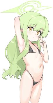 1girl arm_behind_head arm_up armpits bare_arms bare_shoulders bikini black_bikini blue_archive blush closed_mouth cowboy_shot cropped_legs expressionless flat_chest green_hair green_halo halo highres hikari_(blue_archive) kozeki_012 loli long_hair looking_at_viewer navel simple_background sketch solo swimsuit tareme v white_background yellow_eyes
