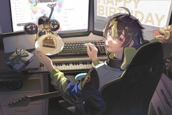 1boy ahoge black_hair box cake cake_slice chair closed_mouth commentary computer_keyboard desk food fork from_above gaming_chair gift gift_box green_hair guitar hair_ornament hairclip happy_birthday highres holding holding_fork holding_plate inami_rai inami_rai_(1st_costume) instrument jacket keyboard_(instrument) long_sleeves looking_at_viewer male_focus monitor multicolored_hair multicolored_jacket nijisanji number_candle on_chair pink_eyes plate sitting smile solo streaked_hair swivel_chair symbol-only_commentary utensil_in_mouth virtual_youtuber w0eishen0g