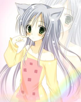 Rule 34 | 1girl, animification, bare shoulders, finger to face, green eyes, grey hair, highres, light blush, light particles, lol comics, long hair, looking at viewer, mustache (symbol), nyan cat, pop tart, rainbow, solo, upper body, white background, yuny.666