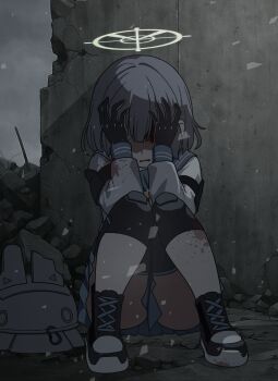 Rule 34 | 1girl, absurdres, black gloves, black shoes, blood, blood on clothes, blood on face, blue archive, blue sailor collar, blue skirt, combat helmet, gloves, hands on own face, helmet, highres, knee pads, knees together feet apart, no eyes, open mouth, purple hair, ribbon, sailor collar, saki (blue archive), shaded face, shirt, shoes, sitting, skirt, solo, vector (dmlddmld00), white shirt, yellow ribbon