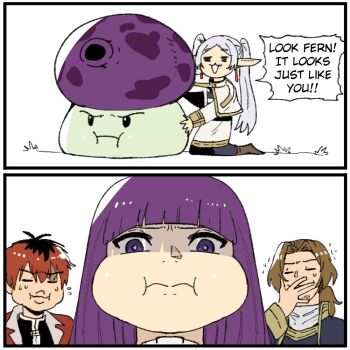 2boys 2girls 2koma comic elf fern_(sousou_no_frieren) frieren fume-shroom_(plants_vs._zombies) multiple_boys multiple_girls mushroom plants_vs._zombies pointy_ears pout purple_hair sein_(sousou_no_frieren) sousou_no_frieren stark_(sousou_no_frieren) tagme twintails wanderjegson