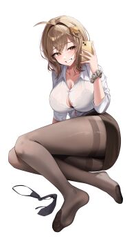 Rule 34 | 1girl, 4q (lokcy516), absurdres, ahoge, alternate costume, anis (nikke), black bra, black necktie, black panties, black skirt, blush, bra, bra visible through clothes, breasts, brown hair, brown pantyhose, buttons, cellphone, cleavage, collarbone, collared shirt, commentary, crotch seam, full body, goddess of victory: nikke, grey scrunchie, grin, hair between eyes, hair ornament, hairclip, hand up, highres, holding, holding phone, large breasts, looking at viewer, medium hair, miniskirt, necktie, no shoes, panties, panties under pantyhose, pantyhose, partially unbuttoned, pencil skirt, phone, scrunchie, see-through clothes, see-through shirt, selfie, shirt, shirt tucked in, simple background, sitting, skirt, smartphone, smile, soles, solo, thighband pantyhose, three-quarter sleeves, underwear, unworn necktie, white background, white shirt, wrist scrunchie, yellow eyes