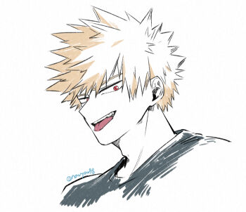 Rule 34 | 1boy, adam's apple, bakugou katsuki, black shirt, blonde hair, boku no hero academia, commentary, crew neck, cropped shoulders, looking to the side, male focus, navyou38, red eyes, shirt, short hair, solo, spiked hair, symbol-only commentary, teeth, tongue, tongue out, twitter username, unfinished, upper teeth only, white background