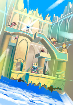 Rule 34 | 2boys, artist name, belt, black belt, blue sky, bomberman, bomberman 64: the second attack!, cloud, commentary request, creature, floating building, glowing, highres, in-universe location, looking up, maribou (supermaribou), multiple boys, orb, pillar, pommy (bomberman), roller skates, ruins, running, skates, sky, snake, stairs, standing, twitter username, white bomberman, | |