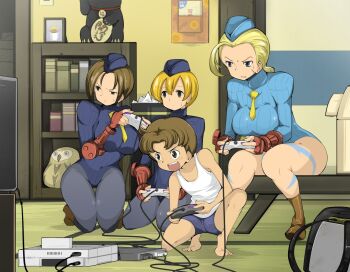 1990s_(style) 1boy 3girls age_difference ahoge ass barefoot beret blonde_hair blue_eyes bookshelf boots braid breasts brown_eyes brown_hair cammy_white camouflage capcom console controller elbow_gloves fingerless_gloves game_console game_controller gamepad garrison_cap gloves hair_bun hat hip_focus huge_breasts impossible_clothes impossible_leotard indoors juli_(street_fighter) juni_(street_fighter) kasugano_tsukushi knee_boots kneeling knees large_breasts legs leotard long_hair military military_uniform multiple_girls name_john necktie orange_eyes orange_hair pantyhose playing_games retro_artstyle ribbed_leotard room scar sega_saturn shadaloo_dolls short_hair shorts shoulder_pads single_hair_bun sitting skin_tight smile squatting street_fighter street_fighter_ii_(series) street_fighter_zero_(series) sweat sweatdrop tank_top tatami thigh_gap thong_leotard twin_braids unitard wall wariza wide_hips