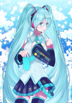 1girl aqua_eyes aqua_hair aqua_nails aqua_necktie arm_tattoo black_skirt black_sleeves black_thighhighs blue_background closed_mouth commentary_request cowboy_shot detached_sleeves fingernails grey_shirt hatsune_miku headphones headset highres legs_apart long_hair looking_at_viewer necktie pleated_skirt shirotae_runa shirt skirt sky sleeveless sleeveless_shirt smile solo standing star_(symbol) tattoo thighhighs twintails very_long_hair vocaloid zettai_ryouiki