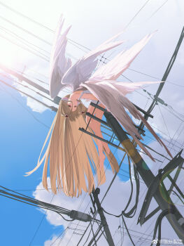 Rule 34 | 1girl, :o, absurdres, angel, angel wings, bare legs, barefoot, blonde hair, chii, chobits, cloud, dress, feathered wings, from below, hair tubes, highres, huimuuu, lens flare, long hair, looking down, multiple wings, power lines, red eyes, robot ears, seraph, short dress, sitting, sky, solo, strap slip, tareme, utility pole, very long hair, white dress, white wings, wings