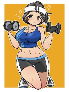 1girl bike_shorts blush breasts cleavage collarbone dumbbell freckles full_body girls_und_panzer grey_eyes grey_hair holding holding_dumbbell large_breasts looking_at_viewer midriff navel open_mouth piyotan_(girls_und_panzer) simple_background solo sweat takahashi_kurage yellow_background