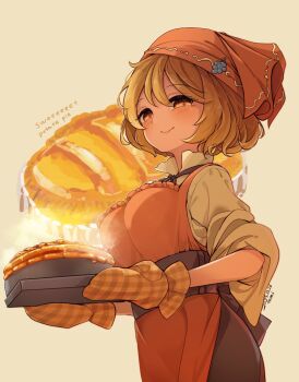 1girl aki_minoriko apron artist_name black_ribbon boots breasts brown_boots brown_shirt brown_skirt closed_mouth cowboy_shot dated food headscarf holding holding_tray long_sleeves looking_at_viewer medium_breasts neck_ribbon orange_apron orange_headscarf oven_mitts pie ribbon shirt short_hair skirt smile solo tami_(joemanyodw) touhou tray yellow_eyes