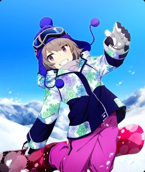 1girl black_gloves black_jacket blue_hat blue_sky brown_hair clear_sky day dot_nose eyewear_on_headwear game_cg gloves goggles grin hat hat_flaps jacket long_sleeves mountain multicolored_gloves multicolored_jacket official_art outdoors outstretched_hand pants pom_pom_(clothes) print_jacket purple_eyes purple_pants shichinosato_kofuki sideways_glance sky smile snow snowboarding snowflake_print solo third-party_source toji_no_miko toji_no_miko:_kizamishi_issen_no_tomoshibi two-tone_gloves white_gloves white_jacket winter_clothes winter_gloves