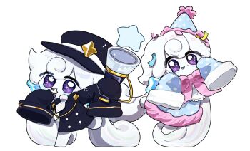 1girl absurdly_long_hair black_hat black_jacket blowing_whistle blue_dress blue_hat blue_tongue blush_stickers bow bowtie buttons candy candy_hair_ornament chibi chibi_only closed_mouth colored_skin colored_tongue confetti cookie_run cookie_run:_kingdom double-breasted dress food food-themed_hair_ornament full_body hair_between_eyes hair_ornament hat highres holding holding_instrument holding_whistle horn_(instrument) instrument jacket konpeitou konpeitou_hair_ornament long_hair looking_at_viewer low_twintails milkalong milky_way_cookie milky_way_cookie_(happy_4th_anniversary!) necktie official_alternate_costume party_hat pink_bow pink_bowtie polka_dot polka_dot_dress polka_dot_hat purple_eyes simple_background sleeves_past_fingers sleeves_past_wrists star_(symbol) tongue tongue_out twintails very_long_hair vuvuzela whistle white_background white_hair white_necktie white_skin