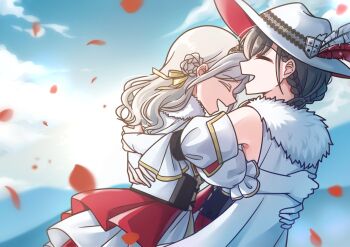 Rule 34 | 2girls, a deru note, bare shoulders, black hair, braid, braided hair rings, cape, ceras yanagida lilienfeld, commentary, dress, edel note, edelinien, falling petals, feathers, fur-trimmed cape, fur trim, gloves, gold tiara, hair ribbon, hair rings, hat, hat feather, highres, hug, katsuragi izumi, love live!, love live! hasu no sora jogakuin school idol club, multiple girls, mutual hug, petals, potatopenggu, red feathers, red hat, red petals, ribbon, sleeveless, sleeveless dress, two-sided fabric, two-sided headwear, white cape, white dress, white feathers, white gloves, white hair, white hat, yellow ribbon