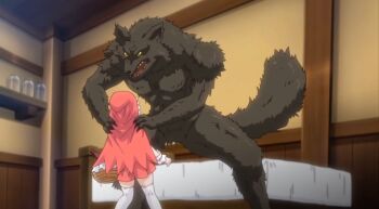 1boy 1girl animal_ears basket bed big_bad_wolf brown_fur cabin cape furry furry_male furry_with_non-furry hands_on_shoulders imminent_bestiality imminent_rape indoors interspecies little_red_riding_hood_(fairy_tale_character) otogibanashi_no_onigokko predator_and_prey red_cape red_hood size_difference tail thighhighs wolf_boy wolf_ears wolf_tail yellow_eyes