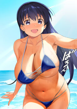 1girl :d a1_(initial-g) arato_nagi armpits bikini black_hair blue_bikini blue_sky bouncing_breasts breasts cleavage commentary_request day highres huge_breasts long_hair navel ocean open_mouth revision ruri_no_houseki sky smile solo standing stomach swimsuit thick_thighs thighs tongue translation_request very_long_hair