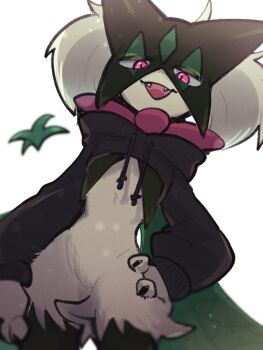 1other :d animal_hands black_fur black_shrug clothed_pokemon fangs furry green_fur green_hair half-closed_eyes hand_on_own_hip highres hooded_shrug looking_at_viewer meowscarada nintendo open_mouth other_focus pink_eyes pokemon pokemon_(creature) short_hair shrug_(clothing) simple_background smile solo sstoh standing two-tone_fur upper_body white_background