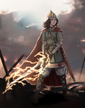 1girl absurdres arm_guards armor battlefield belt belt_pouch boots brooch brown_hair burning cape chainmail commission glowing glowing_sword glowing_weapon green_eyes helmet highres jewelry kievan_rus korzynka_persykiv leather leather_boots lightning long_sleeves medieval original pants pouch red_cape scabbard serious sheath spangenhelm striped_clothes striped_pants sword ukraine warrior weapon