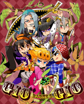 6+boys angry animal_print argyle_clothes argyle_hat argyle_sweater bandana belt black_eyes black_hair black_lips black_pants black_suit blonde_hair blue_eyes blue_hair blue_necktie blue_shirt book boots braid braided_ponytail brown_belt bruno_bucciarati checkered_coat chest_tattoo clenched_teeth clothing_cutout coat_tails collarbone commentary_request curls curly_hair facing_to_the_side flower food_print formal_clothes frown fruit_print furrowed_brow giorno_giovanna gold_hair green_trim grey_hair grey_pants guido_mista gun hair_between_eyes hair_clipper hair_ornament hairband hairclip hat head_on_hand head_rest headband high_collar holding holding_book holding_gun holding_pistol holding_weapon hole_in_clothes holes_in_clothes jitome jojo_no_kimyou_na_bouken ladybug_ornament leone_abbacchio licking licking_lips looking_ahead looking_at_viewer medium_hair messy_hair midriff multicolored_hair multicolored_shirt multicolored_suit multiple_boys narancia_ghirga necktie orange_bandana orange_eyes orange_hairband orange_shirt orange_skirt ornate outstretched_arm pannacotta_fugo pants pink_hair pink_suit ponytail purple_eyes purple_pants purple_strap purple_tank_top raised_eyebrows reaching reaching_towards_viewer red_eyes red_pants red_suit sex_pistols_(stand) shirt short_hair short_ponytail side_slit skirt smile smirk spiked_hair straight_bangs straight_hair strap strawberry_print suit sweater symbol tank_top tattoo teeth tiger_print tongue tongue_out turtleneck turtleneck_sweater unzipped unzipping vento_aureo weapon white_shirt white_suit yellow_hair_ornament zipper